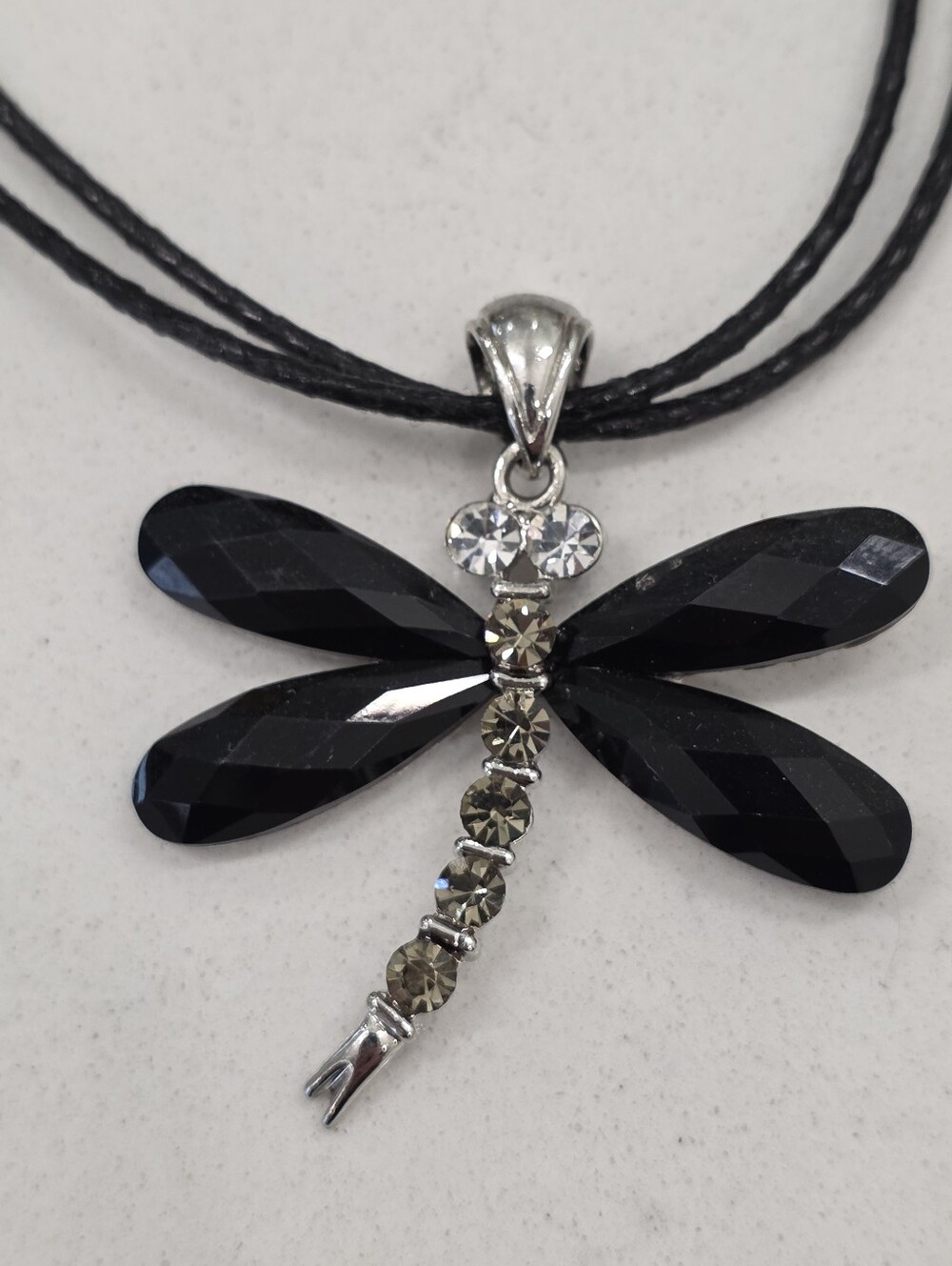Unique Artisan Black Dragonfly Swarovski Crystals Pendant Necklace Vintage